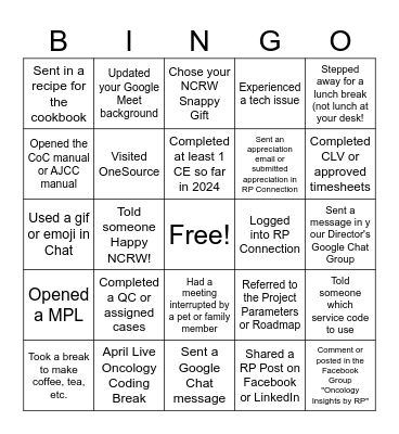 Oncology Mgr Bingo Card