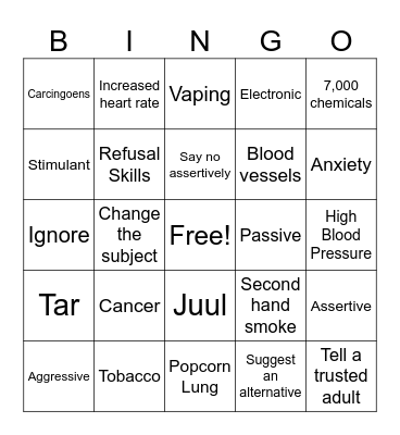 Refusal Skills and Nicotine Bingo Card