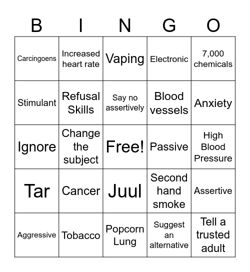 Refusal Skills and Nicotine Bingo Card