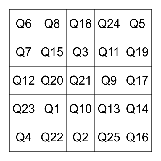 1-25 Numbers Bingo Card
