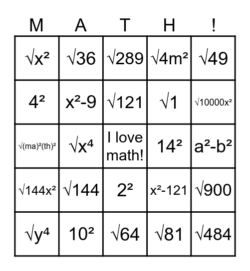 Squares Roots Bingo Card