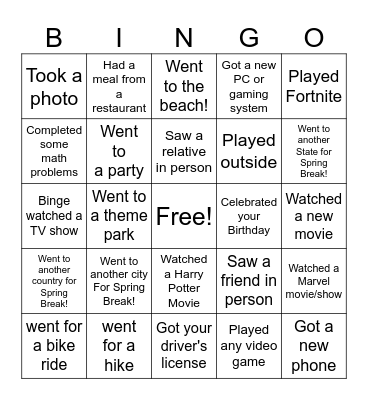 Return from Spring Break Bingo Card