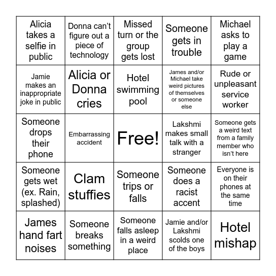 Esposito-Vilics Family Vacation Bingo Card