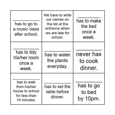 School and House Rule Bingo Card