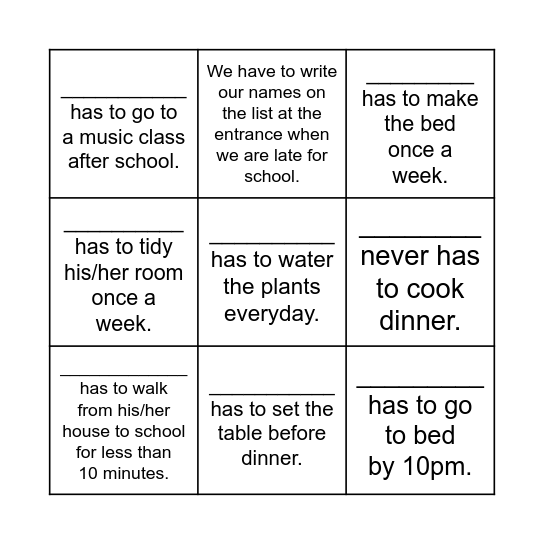 School and House Rule Bingo Card