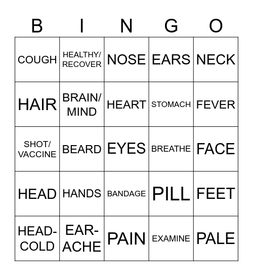 ASL2- Unit 7: Healthy and Medicine (Topic 1) Bingo Card