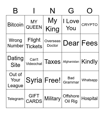 Romance Scam Bingo Card