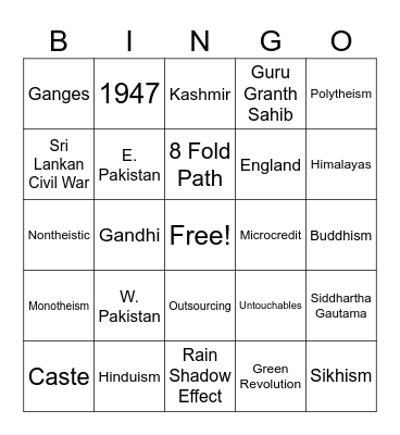 South Asia Bingo Card