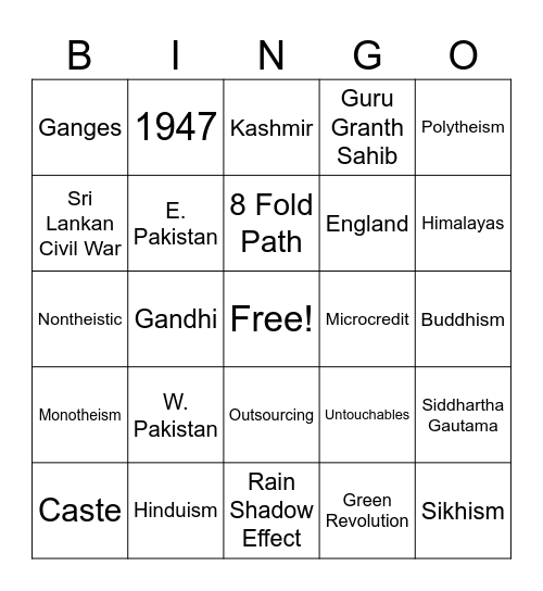 South Asia Bingo Card