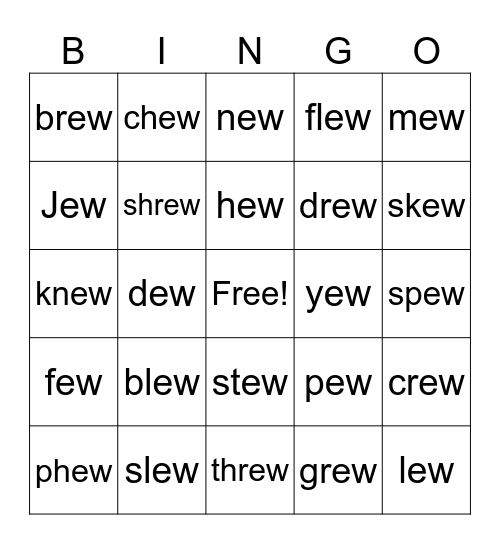 Words with "ew" sound Bingo Card