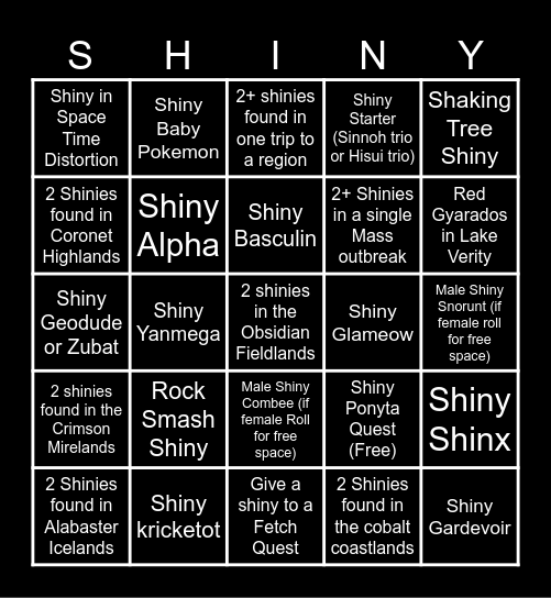 Pokemon Legends Arceus Shiny bingo Edition Bingo Card