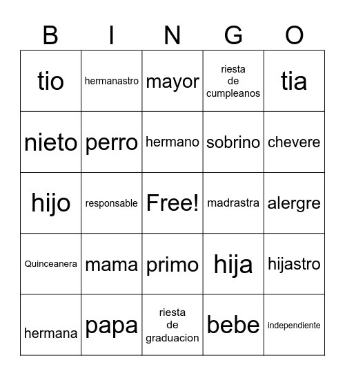 la familia Bingo Card