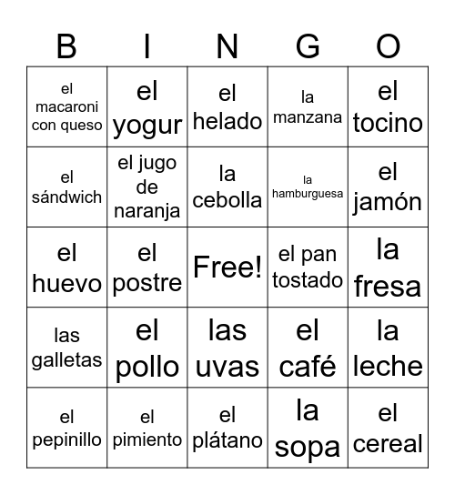 Spanish Foods Bingo Card