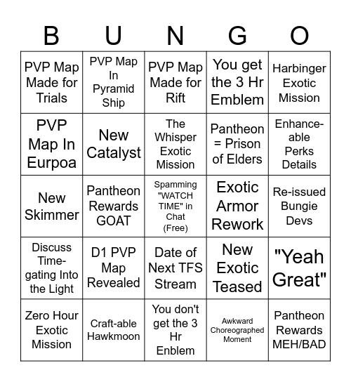 Bungie Stream 4/2/24 Bingo Card