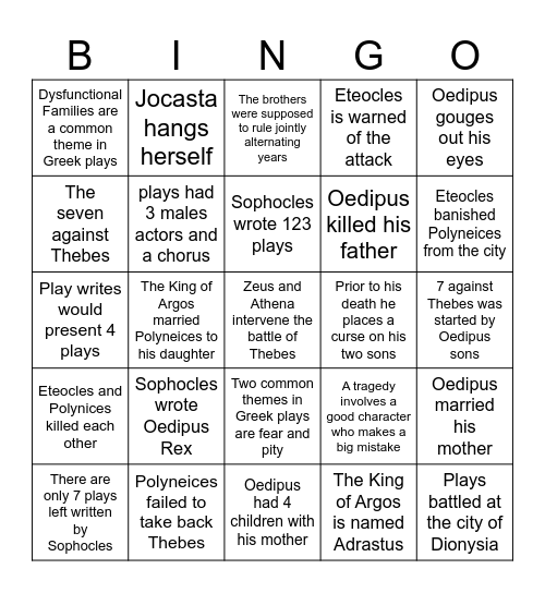 Greek Mythology Bingo Card