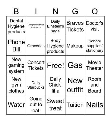 Needs vs. Wants Bingo Card