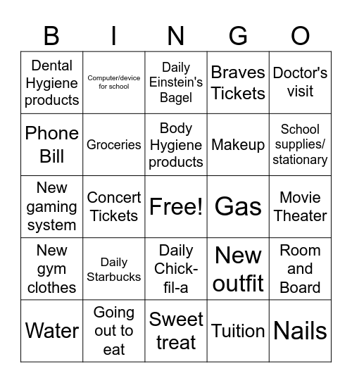 Needs vs. Wants Bingo Card