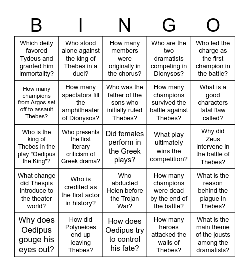 Greek Mythology Bingo Card