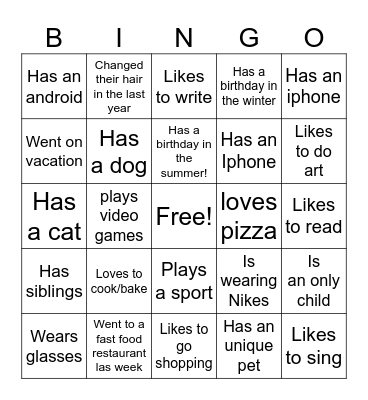About me Bingo Card