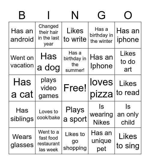 About me Bingo Card