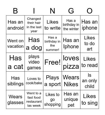 About me Bingo Card
