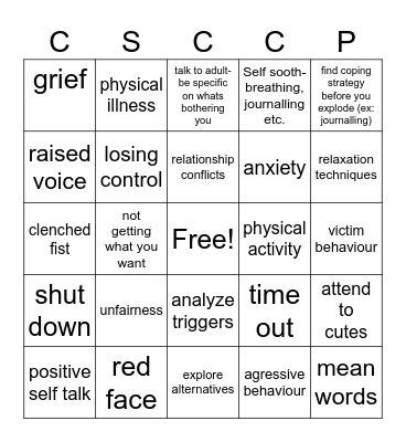 Anger Management Bingo Card