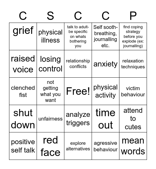 Anger Management Bingo Card