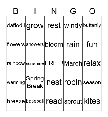 Spring Break Bingo Card