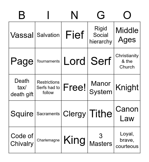 Feudalism Bingo Card