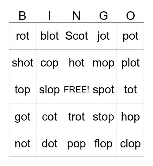 -op and -ot BINGO Card