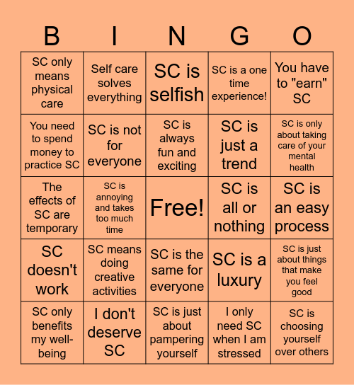 Self Care (SC) Myths Bingo Card
