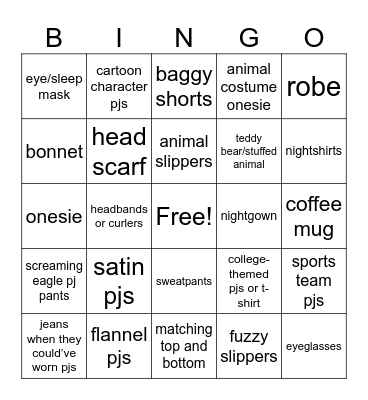Pajama Day! Bingo Card