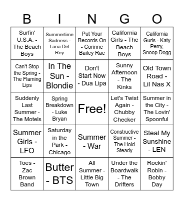 Songs about Spring/Summer (Double Bingo) Bingo Card