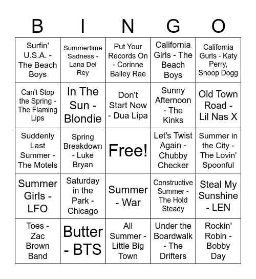 Songs about Spring/Summer (Double Bingo) Bingo Card