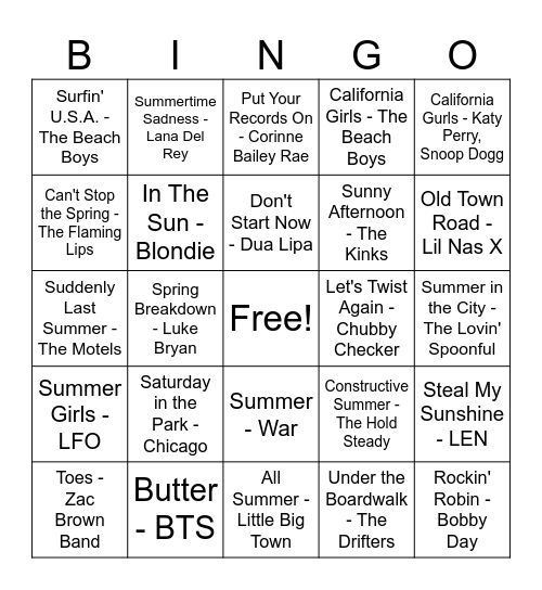 Songs about Spring/Summer Bingo Card