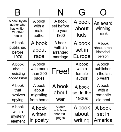 Historical Fiction Bingo Card