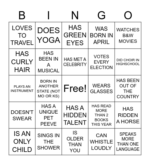 CHOIR PEOPLE BINGO Card