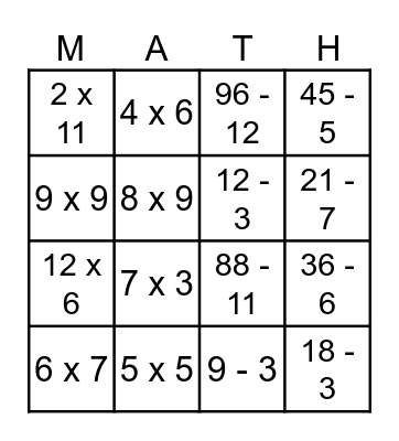 Multiplication and Division Bingo Card