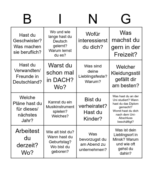 Fragen Bingo Card