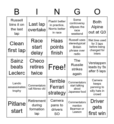 F1 Suzuka 2024 Bingo Card