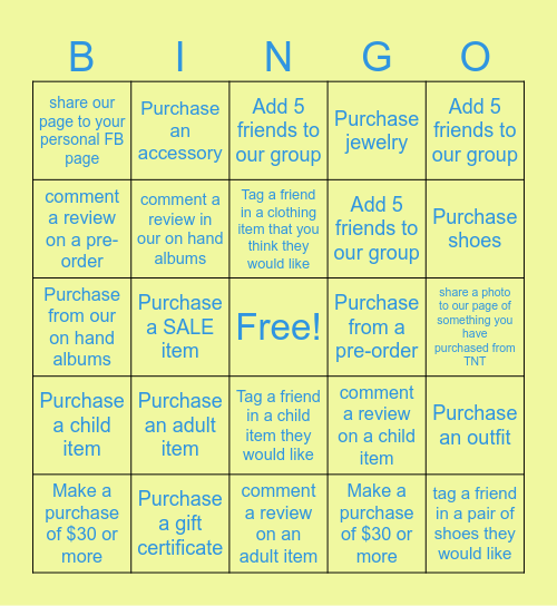 TNT Family Boutique BINGO Card