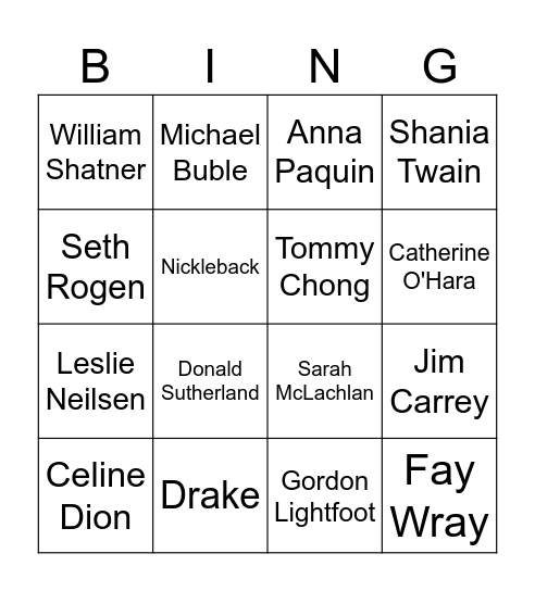 Famous Canadians Bingo Card