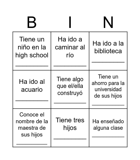 Conociendonos Bingo Card