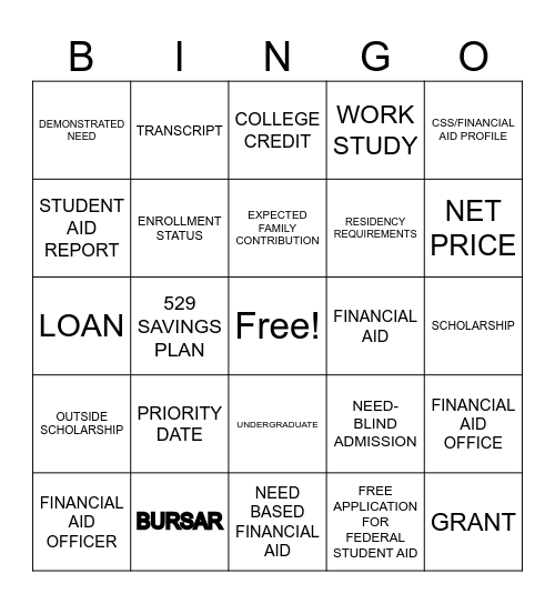 PAYING FOR COLLEGE BINGO Card