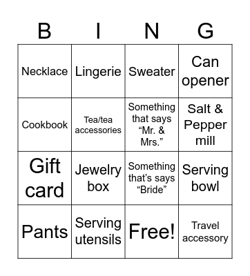 Bridal Shower Bingo Card