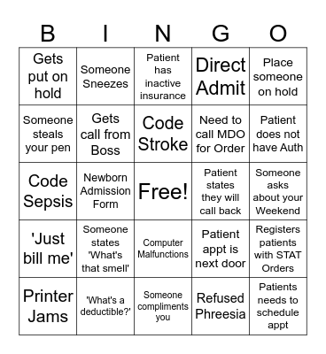 Patient Access Bingo Card