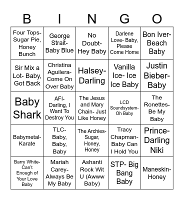 Radio Bingo Baby, Honey, Darling Bingo Card