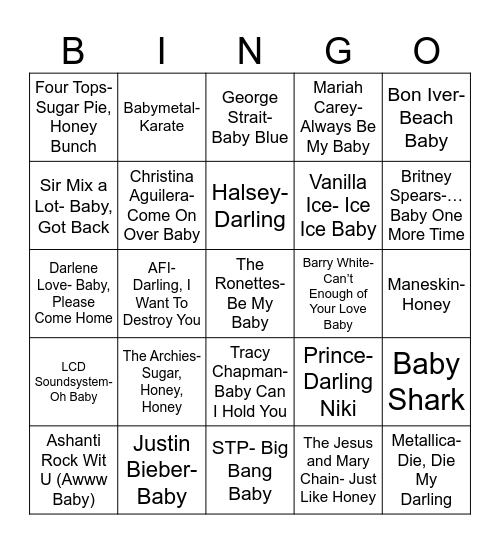 Radio Bingo Baby, Honey, Darling Bingo Card