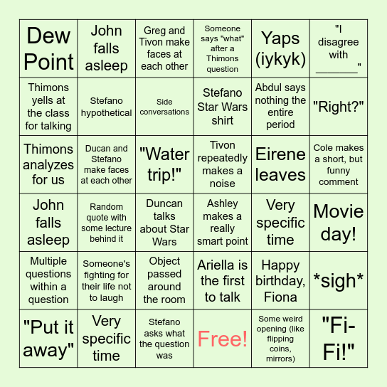 Thimons 8th Period Bingo Card