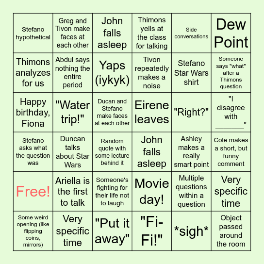 Thimons 8th Period Bingo Card
